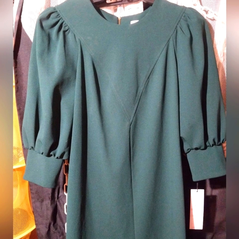 Calvin Klein Pleated Puff Sleeve Green Sheath Dress Back Zipper size 10 NWT